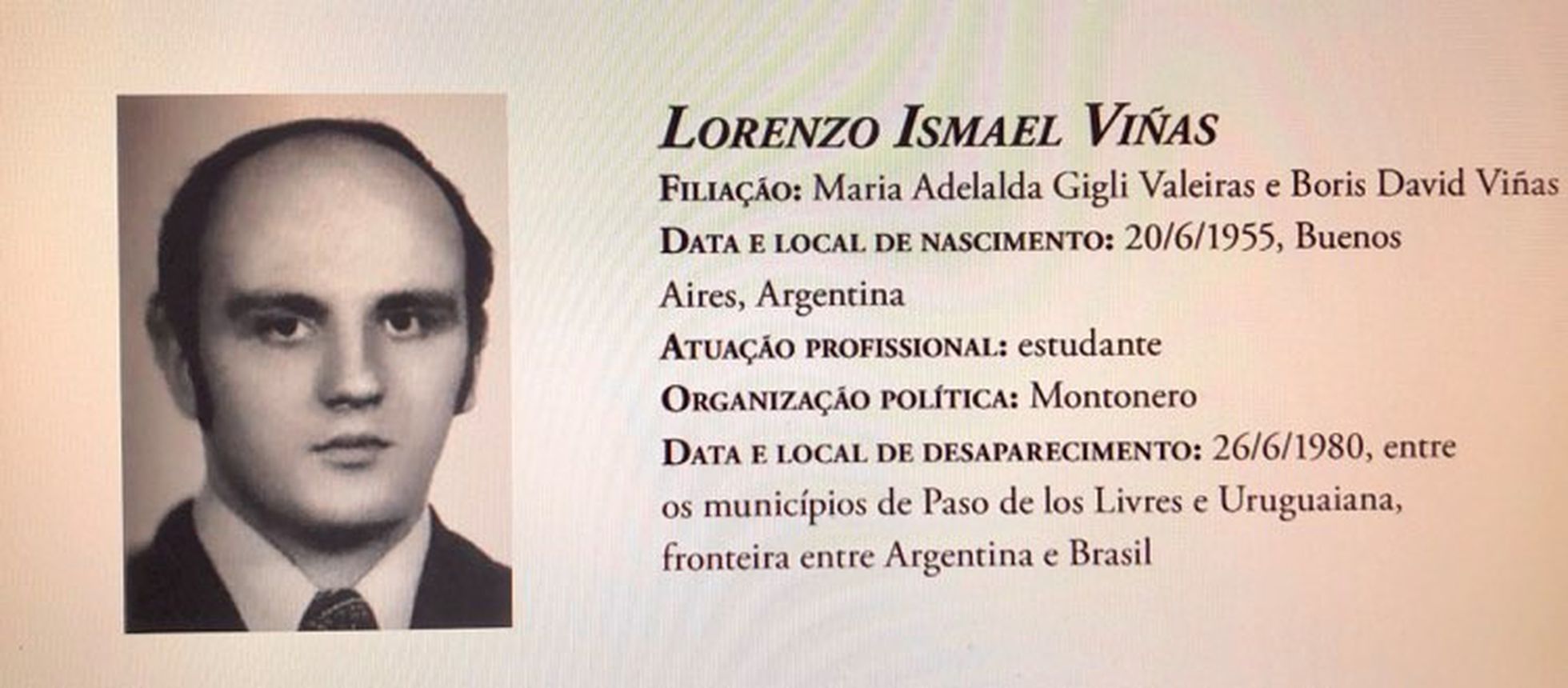 Ficha pessoal de Lorenzo Vinas Gigli (arquivo da comissão Nacional da Verdade – Brasil)